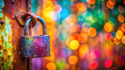 Old rusty lock over a blurred abstract background with vibrant colors, symbolizing freedom, security, and mystery, perfect for creative projects and conceptual themes.