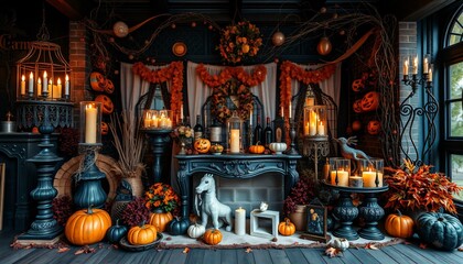 Obraz premium A dark and mysterious Halloween scene with pumpkins, candles, and a fireplace.