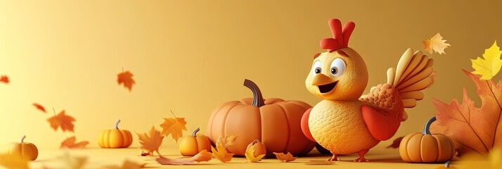 Fototapeta premium Cute Thanksgiving theme, There are turkey, pumpkin, Cartoon, Simplicity