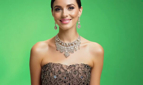 Chroma Green Screen Full-Length Portrait Model Showcasing Necklace