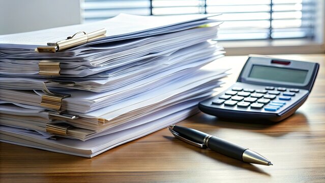 Organized stack of completed income tax forms and supporting documents on a desk, with a calculator and pen nearby, awaiting submission.