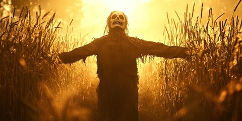 In the mature wheat field stands a scary scarecrow, death mask, a light shines on the scarecrow, 