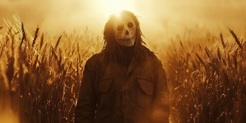 In the mature wheat field stands a scary scarecrow, death mask, a light shines on the scarecrow, 