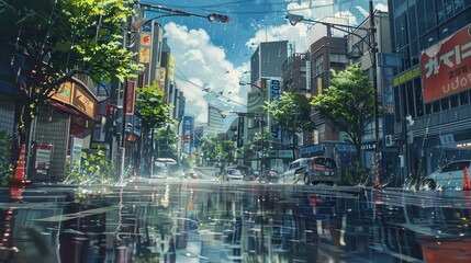 Fototapeta premium Water fills the streets of the city, showcasing reflections of buildings and a dynamic sky after a sudden rainstorm