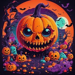 Giant pumpkin with menacing facial features in a haunted landscape full of jack-o'-lanterns and eerie lights.