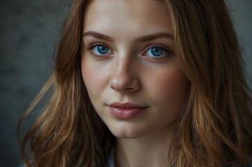 Fototapeta premium Portrait of a beautiful young woman with blue eyes and brown hair.