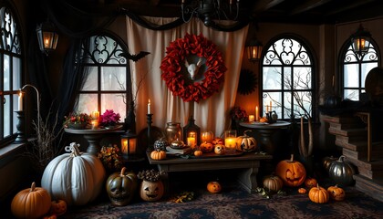 Obraz premium A dark and spooky Halloween scene with pumpkins, candles, and lanterns.