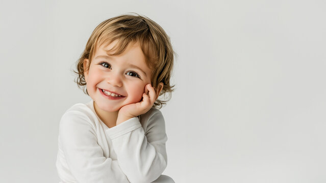 Fr&ouml;hliches Europ&auml;isches Kleinkind posiert im Studio f&uuml;r Werbeaufnahmen