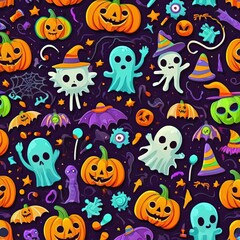 Naklejka premium An intricate and spooky Halloween pattern with pumpkins, ghosts, and bats in vibrant colors on dark background.