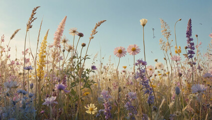  A whimsical illustration of a wildflower meadow with various delicate flowers and tall grasses, in soft pastel colors like pink, lavender, and yellow, scattered across a pale blue or cream background