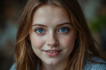 Obraz premium Portrait of a beautiful young woman with blue eyes and brown hair.
