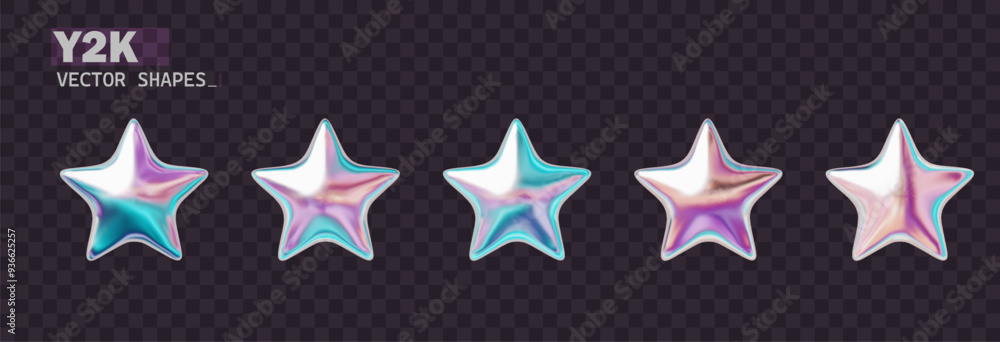Wall mural chrome 3d star holographic collection on y2k stile. isolated shiny chrome shapes 2000s and are perfe