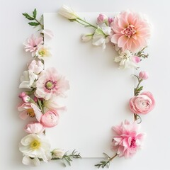 composition top view white empty card with frame of pink flowers on white background