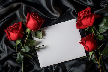 mockup red roses on black fabric background top view, beautiful floral template with white empty card