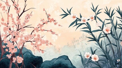 Japanese Ukiyo-e Folk Art Featuring Elegant Cherry Blossoms and Bamboo Motifs in Soft Pastel Colors
