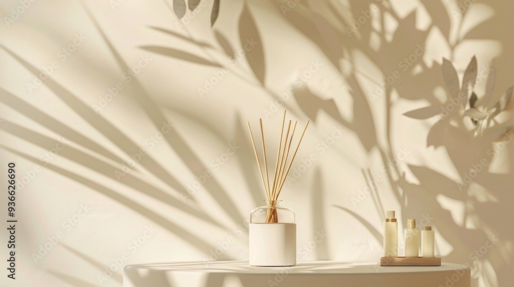 Poster A minimalist beige table holds a white diffuser and small conical bottles, while soft shadows from nearby foliage create a tranquil ambiance in the sunlit space