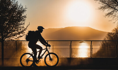 Fototapeta premium A cyclist rides their bike along a scenic path as the sun sets behind mountains