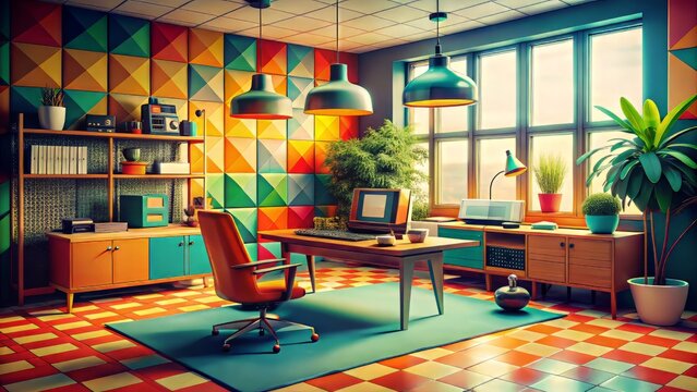 A mid-century modern office reborn, where vintage technology and bold hues converge with geometric patterns to evoke a playful, whimsical atmosphere.