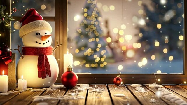 Christmas decoration snowman decorative tree by window sill background of free space for your decoration and winter landscape of forest with mountains and snowman. Christmas time snowfall