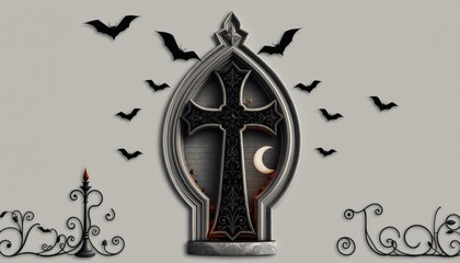A black cross in a stone archway with a crescent moon in the background and bats flying around it, a burning candle and ironwork at either side.