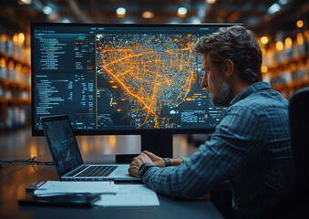 A manager in the Office of the logistics company analyzes the data on the screen and plans the next steps for delivery