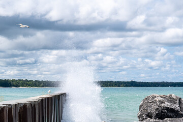 Waves crashing on the Port Elgin breakwall