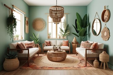 Trendy Boho Sanctuary 3D Illustration with Natural Elements and Innovative Interior Decor