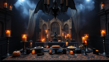 Obraz premium A Halloween dinner table setting with a gothic chandelier, pumpkins, candles, and a delicious-looking dessert.