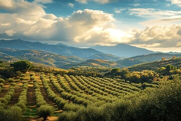 Rows of olive trees stretch across the rolling hills of the beautiful italian countryside. With majestic mountains looming in the background