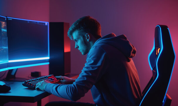 A young man sits in a chair and uses a keyboard while looking at a computer monitor