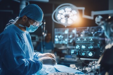 A surgeon prepares instruments in a modern operating room filled with advanced technology at night