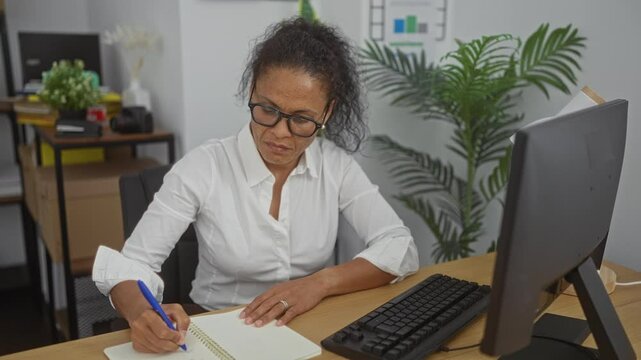 Focused woman working diligently in an office, taking notes while using a computer surrounded by plants and office supplies