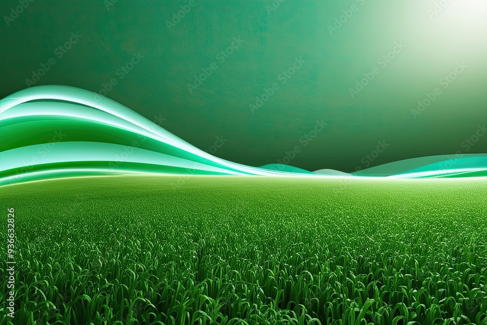 Poster 3d abstract green field background with light waves and modern design