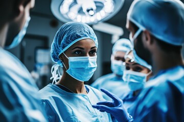 Medical team collaborates in surgical prep wearing scrubs and masks in a modern operating room