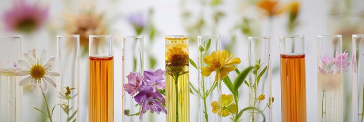 Floral and Botanical Elements in Test Tubes for Natural Fragrance and Essential Oils Derived from Fresh Blooms Scientific Exploration in Laboratory for Nature-Inspired Cosmetics