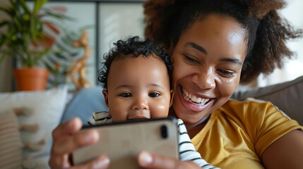 A joyful mother and her adorable baby bonding and having a great time using a smartphone on the couch at home talking via video call