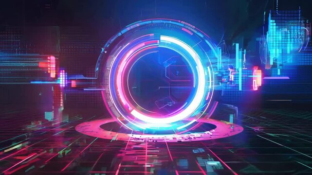 Futuristic digital portal with neon lights, showcasing vibrant technology and innovative design in a sci-fi environment.