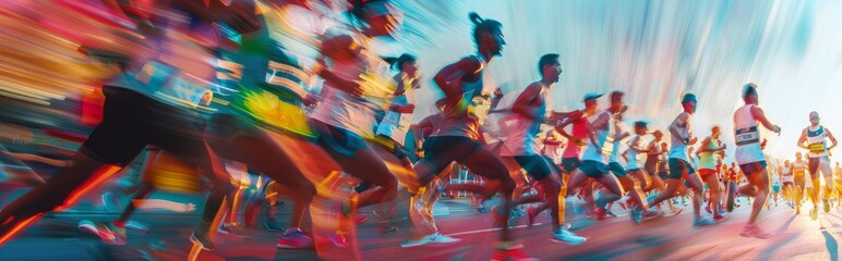 The photograph captures marathon runners in a dynamic blur, exuding energy and movement in a vibrant race scene
