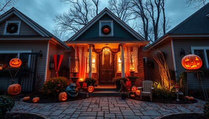 Naklejka premium A beautifully decorated house with pumpkins and lights for Halloween.