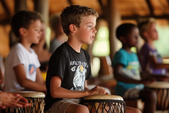 Young boy plays djembe with friends inside a vibrant music studio during a summer workshop session