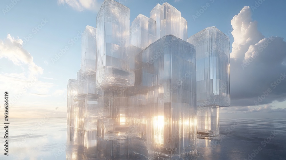 Poster skyscraper made entirely of transparent recyclable materials representing the future of sustainable 