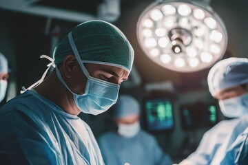 Surgeons performing a complex procedure in a modern operating room during a hospital surgery