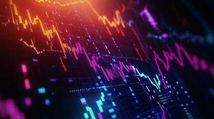 A stock market graph displayed on a screen showing a chart of financial trends. Glowing digital line art of a colorful wave pattern in a dark background