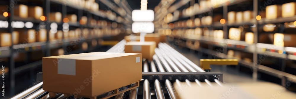 Poster automated system for warehouse management featuring conveyor belt operations
