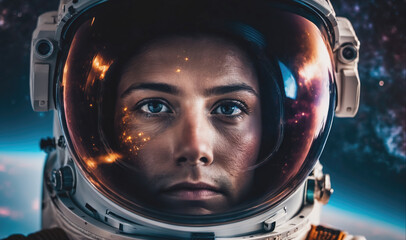 A woman in a spacesuit gazes out at the stars from the window of a spacecraft, reflecting on her journey