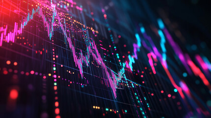 Obraz premium A stock market graph displayed on a screen showing a chart of financial trends. Glowing digital line art of a colorful wave pattern in a dark background