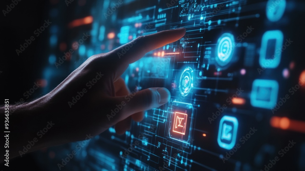 Poster hand interacting with futuristic interface