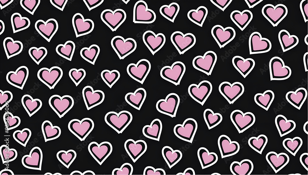 Poster pink hearts scattered on a black background creating a playful and vibrant pattern suitable for vari