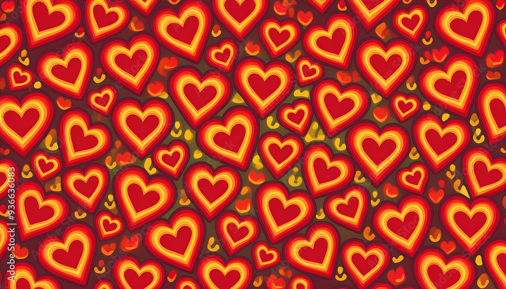 Poster colorful array of hearts in vibrant red and yellow tones on a warm background, creating a lively and