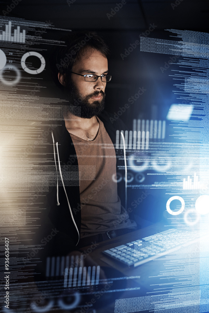 Poster Young man, data and night with overlay on computer in future development, analytics or statistics at office. Male person or analyst working late on futuristic technology, hud or dashboard in analysis